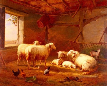 ユージン・ヨーゼフ・フェルベックホーフェン Painting - 納屋の羊と鶏とヤギ ユージン・フェルベックホーフェンの動物